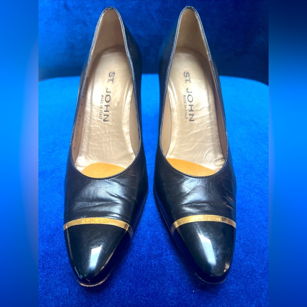 Vintage St John Heels Black Leather Gold Patent Toe Cap. Us Sz 6.5 Pre Owned